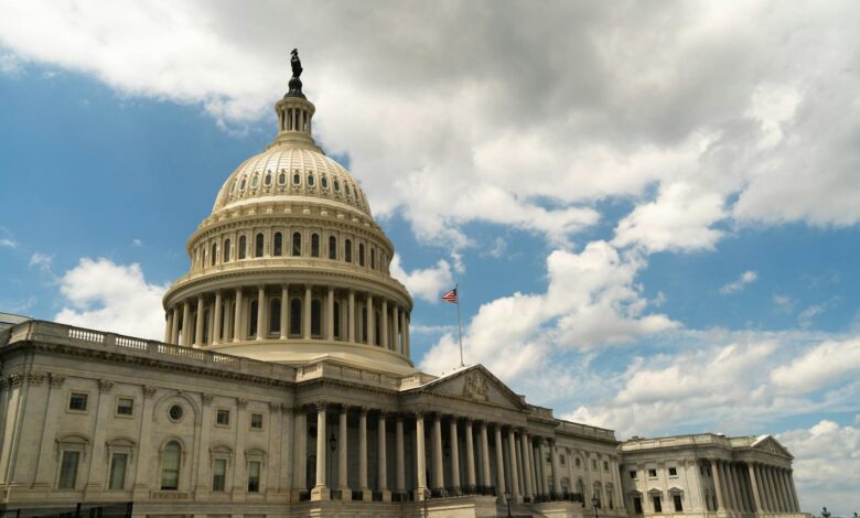 Modern government facility exterior with American flag