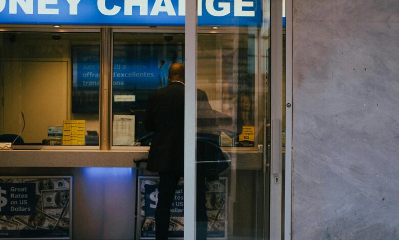 Modern community bank interior with professional staff and customers conducting business