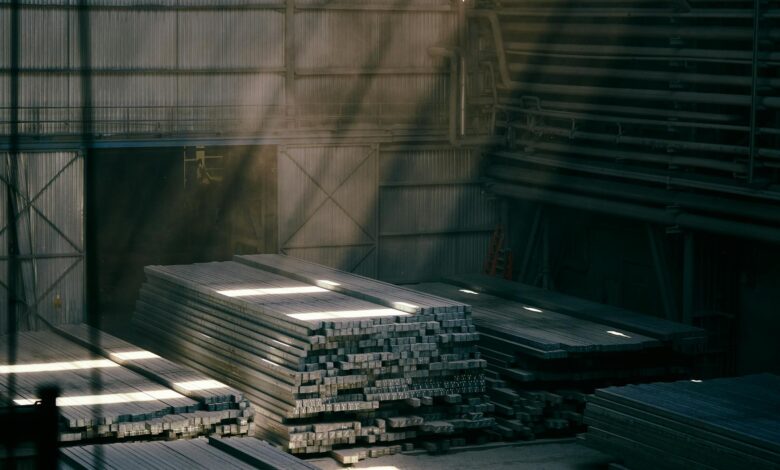 Steel construction beams and materials at industrial construction site