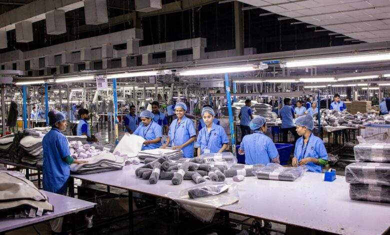 Modern automotive assembly line with robotic equipment and production machinery