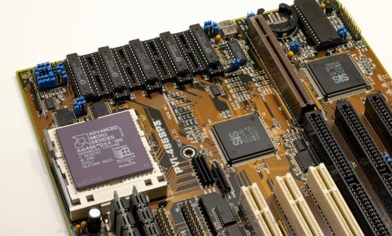 Close-up view of semiconductor computer chips on circuit board