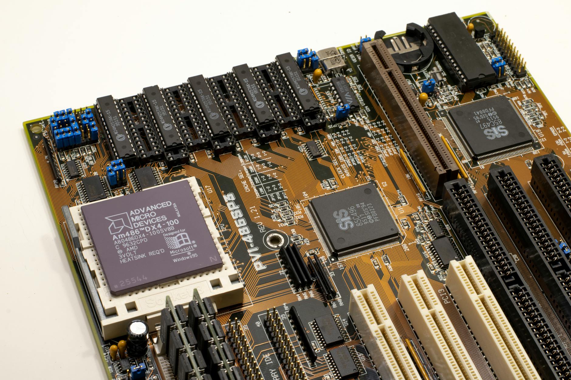 Close-up view of semiconductor computer chips on circuit board
