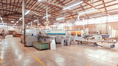 Modern manufacturing facility interior with industrial equipment and machinery