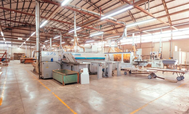 Modern manufacturing facility interior with industrial equipment and machinery