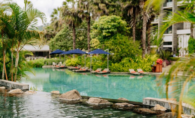 Modern resort pool area with upscale amenities and landscaping