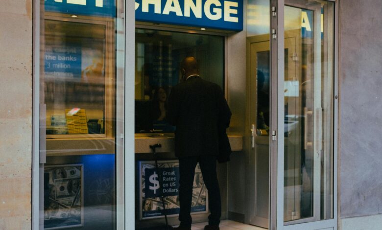 Modern bank interior with teller stations and customer service area