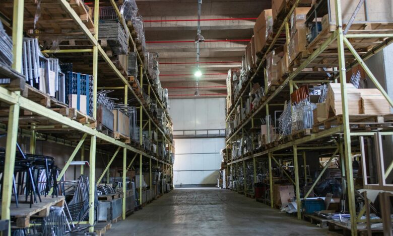 Modern climate-controlled warehouse interior with high ceilings and organized storage systems