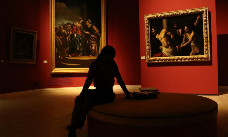 Modern gallery space with white walls and professional lighting displaying framed artwork