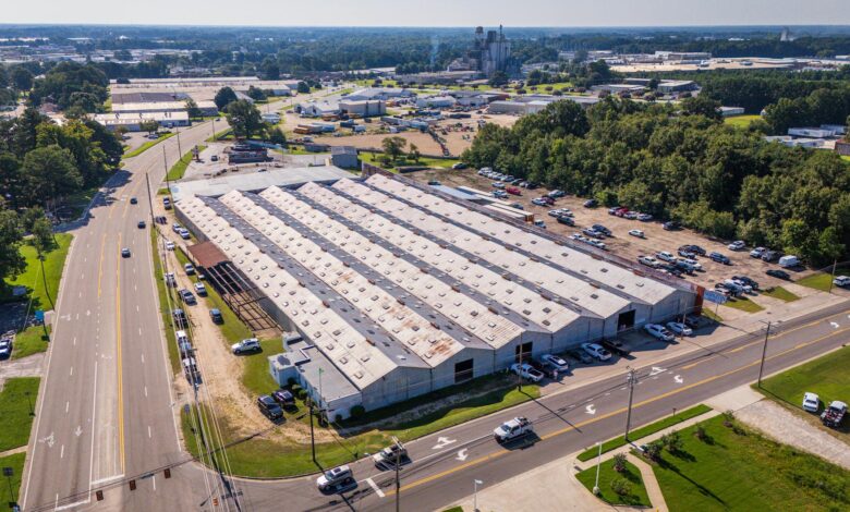 Aerial view of industrial development with modern buildings and infrastructure