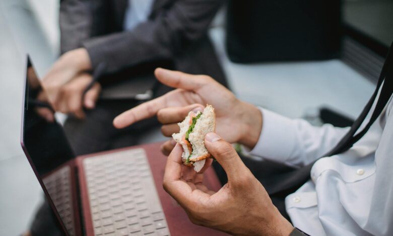 Business professionals having lunch meeting at downtown restaurant