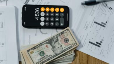 Calculator and money showing financial calculations for investment returns