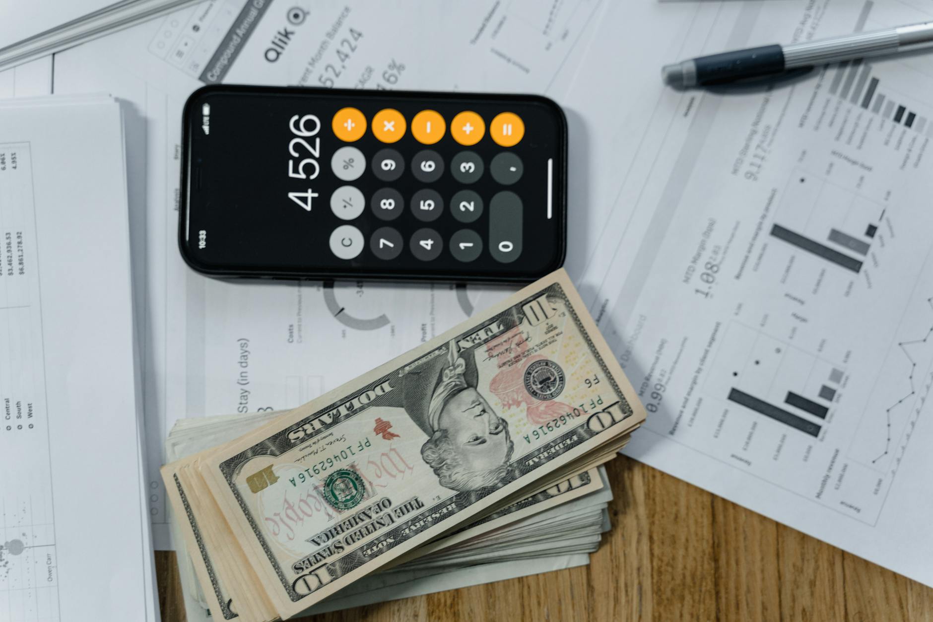Calculator and money showing financial calculations for investment returns