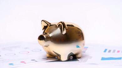 Financial advisor reviewing investment documents and charts at desk with calculator and laptop