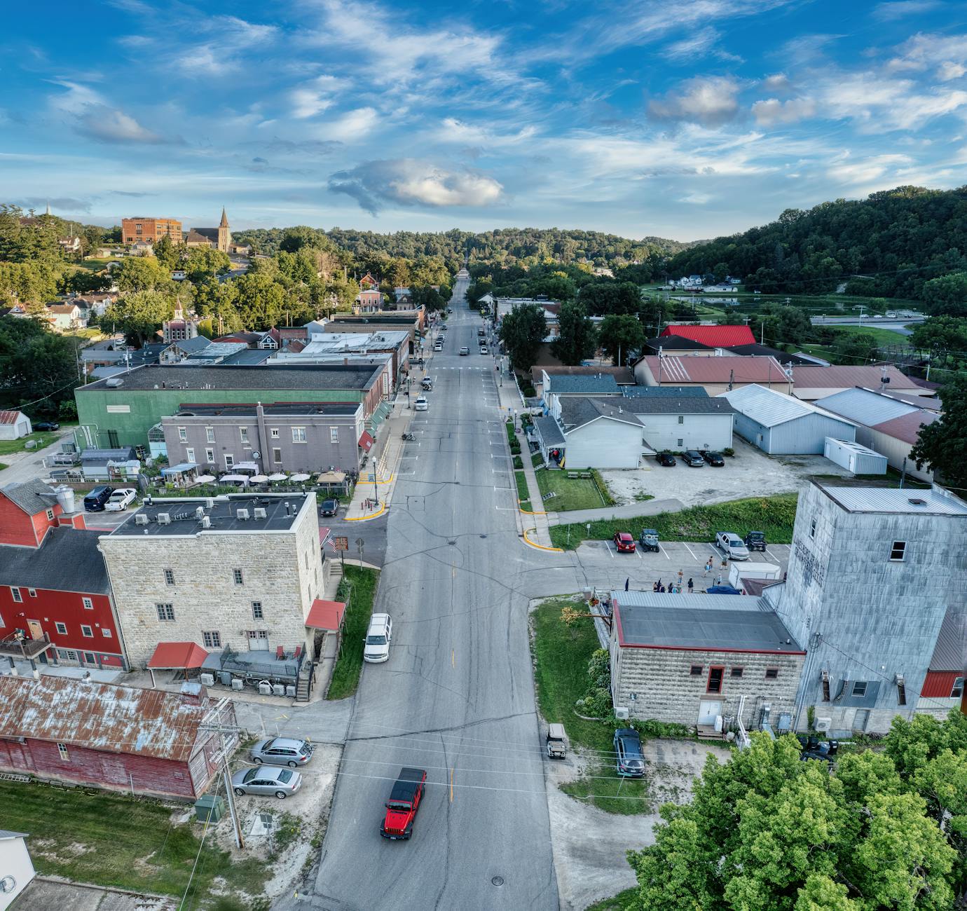 Small town main street with local businesses and community development