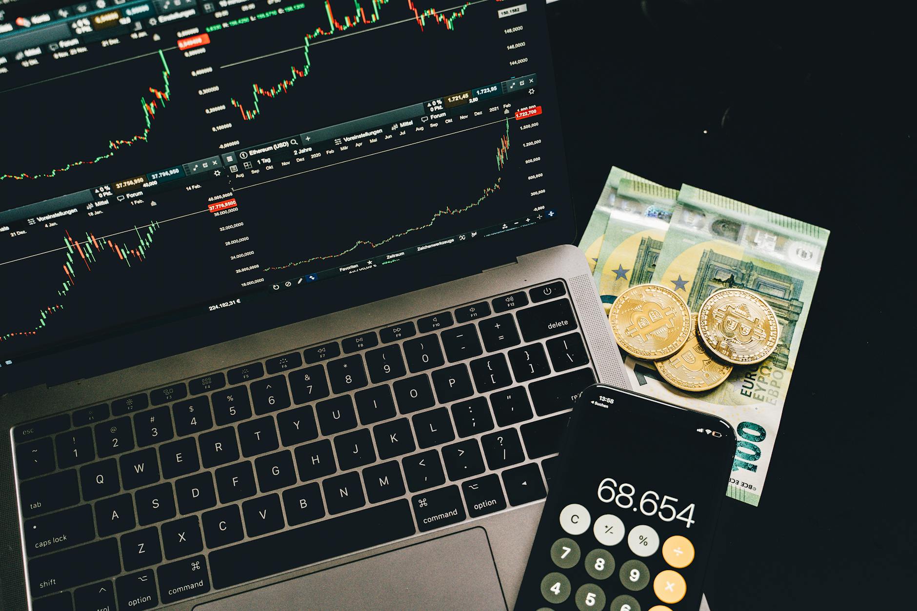 Modern smartphone displaying financial charts and cryptocurrency market data on screen