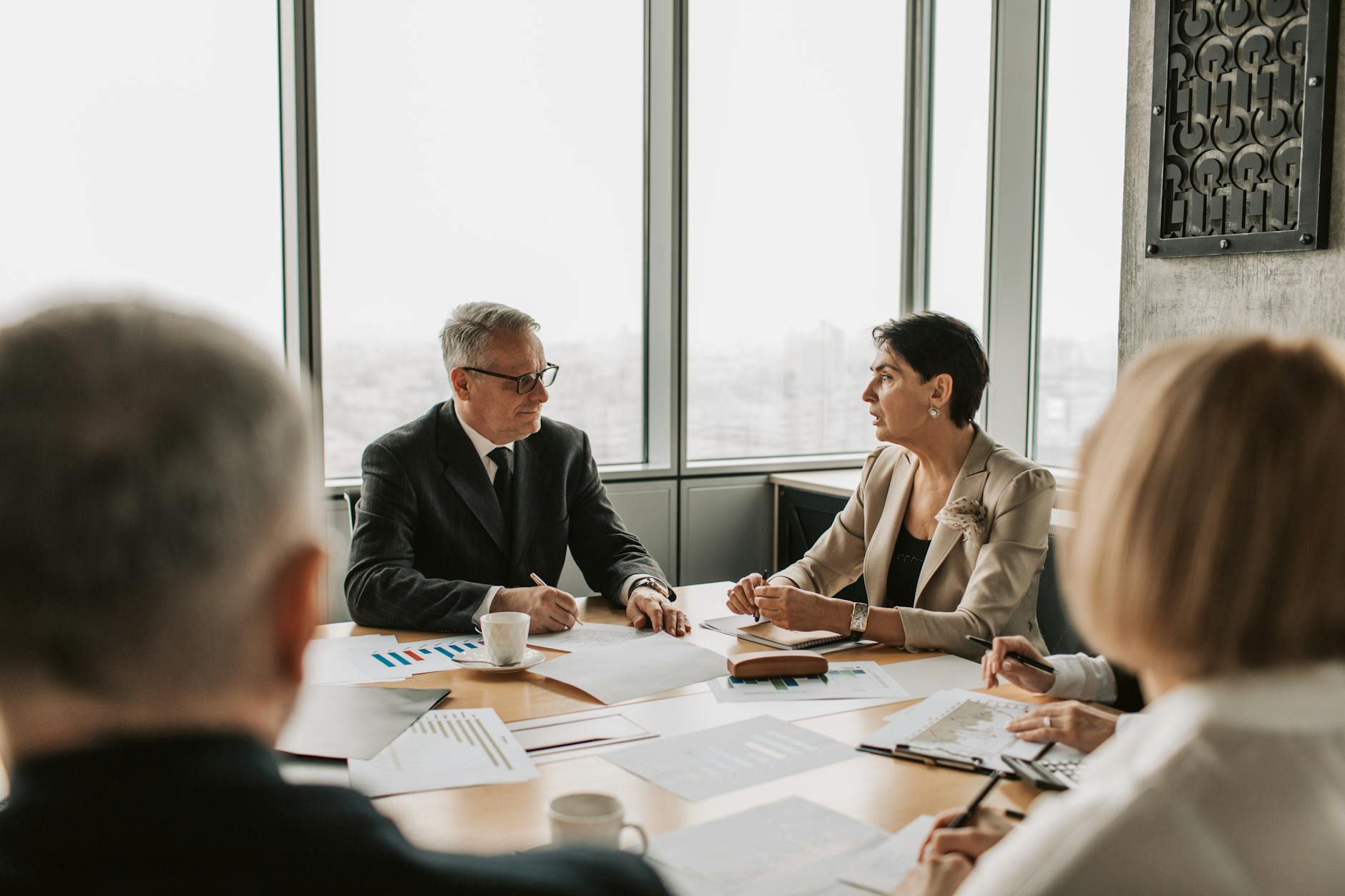 Business professionals in a boardroom discussing investment strategy