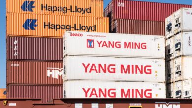 Rows of stacked intermodal shipping containers at a commercial port
