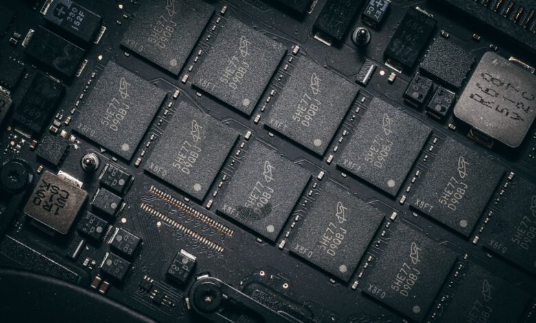 Close-up of a semiconductor microchip on a circuit board representing royalty trust assets