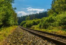 Aerial view of railroad tracks running through a rural countryside corridor