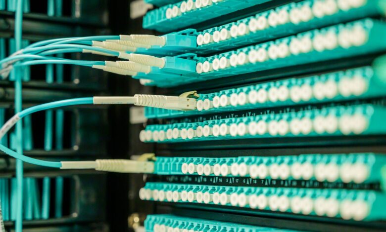 Close-up of fiber optic cables bundled together in an underground conduit