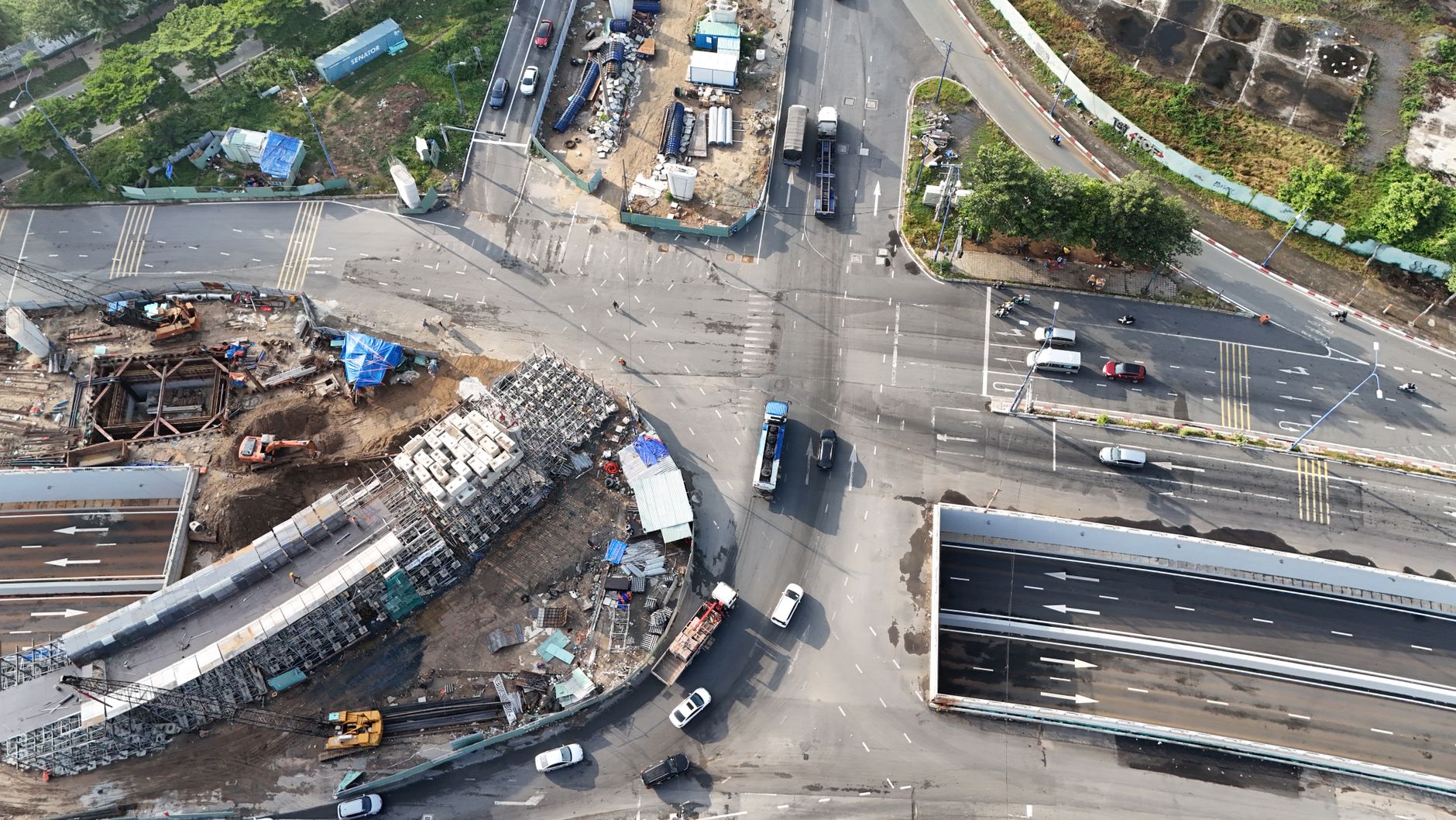 Aerial photograph of infrastructure corridors and land strips passing through suburban areas