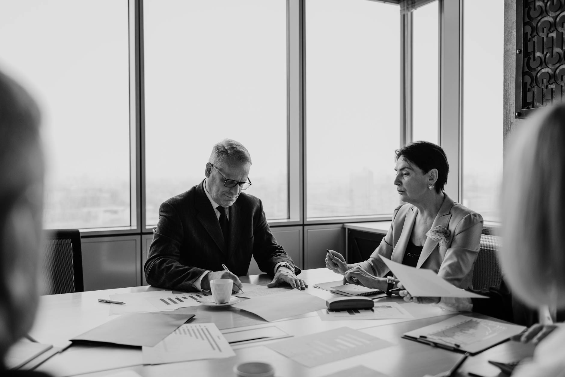 Business professionals reviewing documents at a conference table