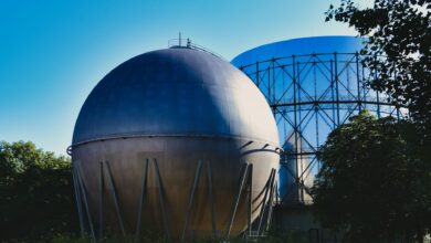 Large liquefied petroleum gas storage tanks at an industrial terminal facility