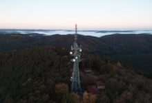 Aerial view of a broadcast radio tower against a blue sky representing wireless spectrum infrastructure