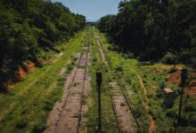 Aerial view of railroad tracks stretching across open countryside
