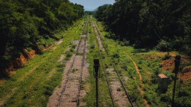 Aerial view of railroad tracks stretching across open countryside