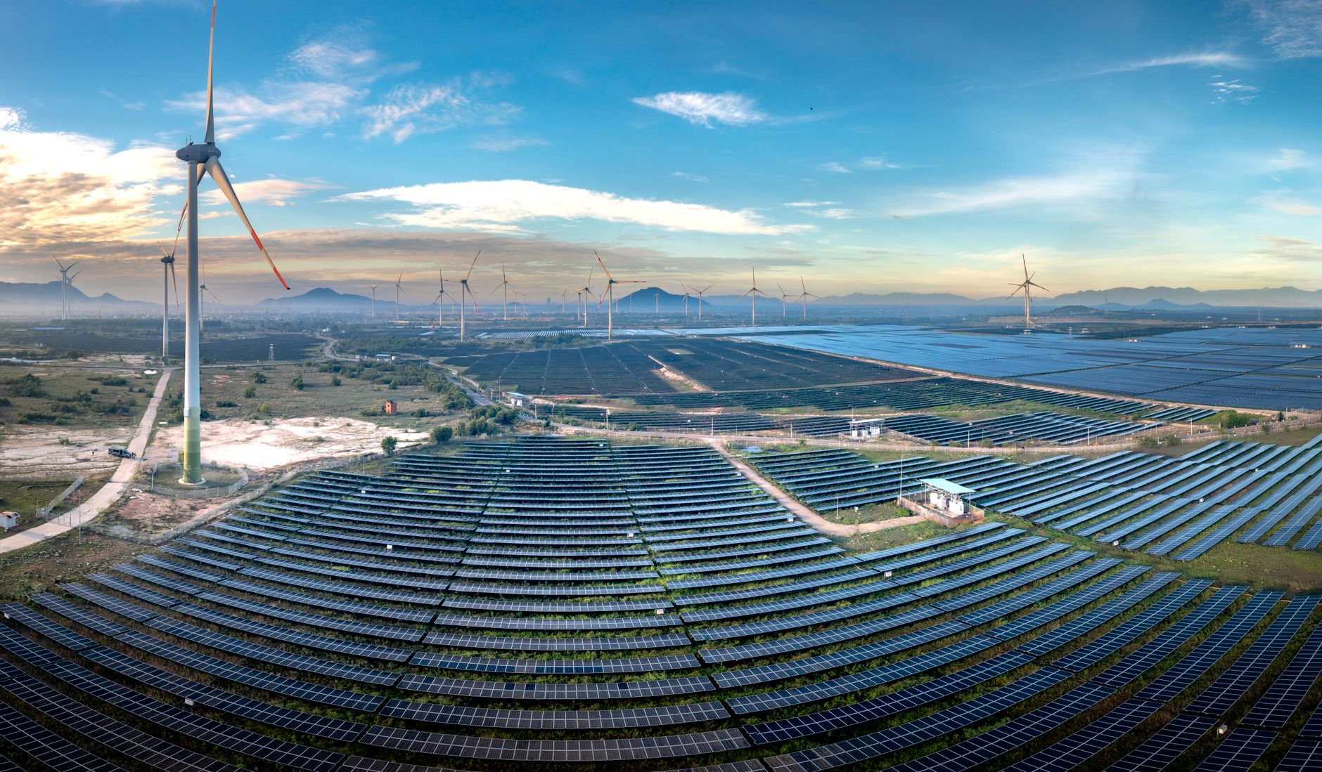 Aerial view of a large solar farm generating renewable energy