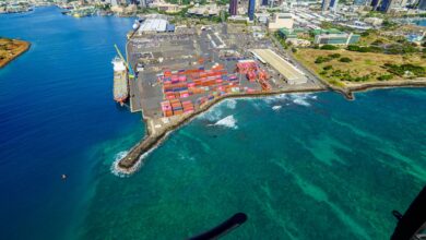 Aerial view of a busy maritime cargo port with container ships and loading cranes