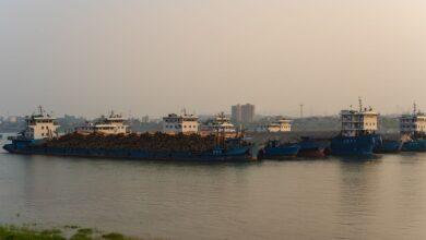 Aerial view of an inland freshwater port with docked cargo vessels along a river