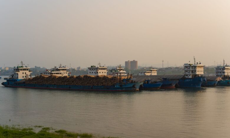 Aerial view of an inland freshwater port with docked cargo vessels along a river