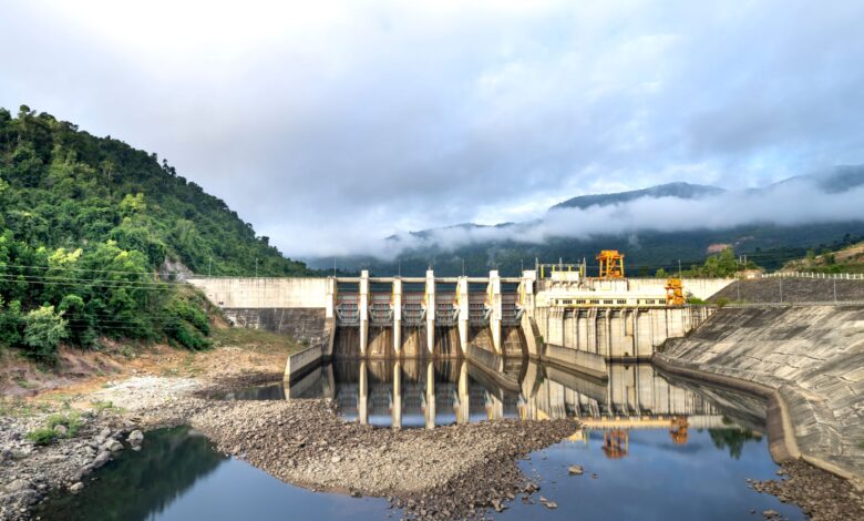 Large hydroelectric dam generating power from a river