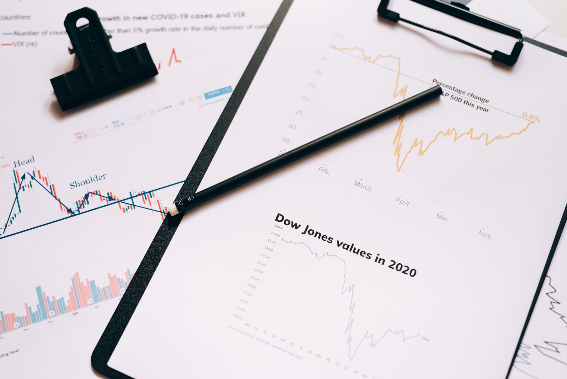 Financial charts and documents on a desk representing long-term investment planning