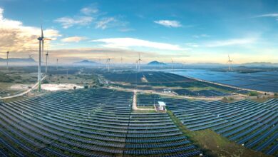Aerial view of a large solar farm on open land