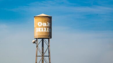 A municipal water tower rising above a residential neighborhood
