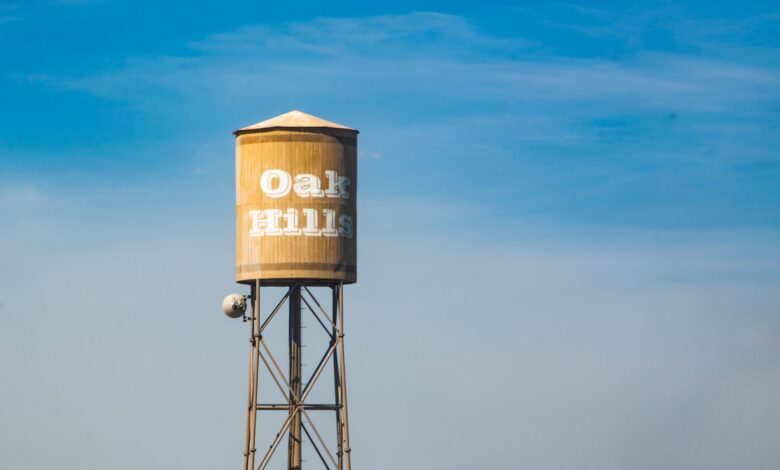 A municipal water tower rising above a residential neighborhood