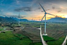 Aerial view of wind turbines on open farmland representing wind farm easement investments