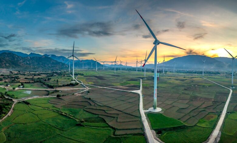 Aerial view of wind turbines on open farmland representing wind farm easement investments