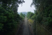 Aerial view of railroad tracks stretching across rural American landscape
