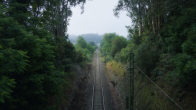 Aerial view of railroad tracks stretching across rural American landscape