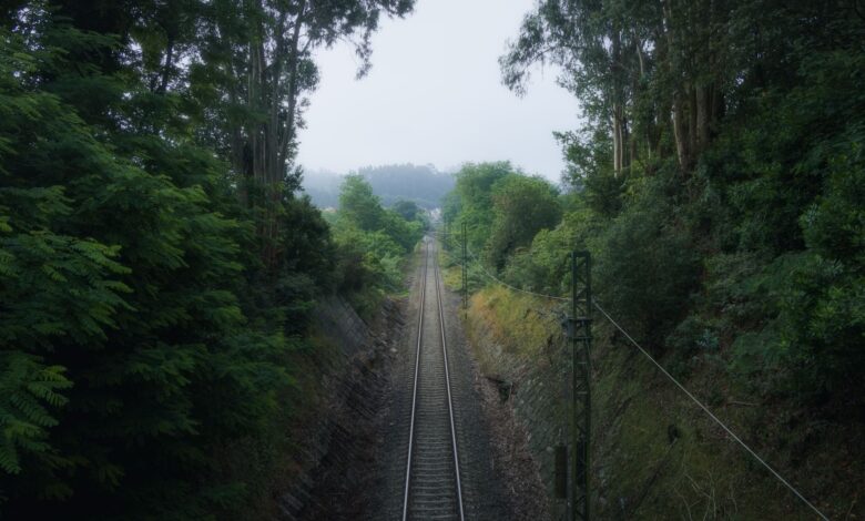Aerial view of railroad tracks stretching across rural American landscape