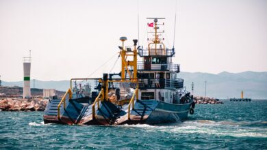 Large dredging vessel operating on the open ocean extracting seabed materials