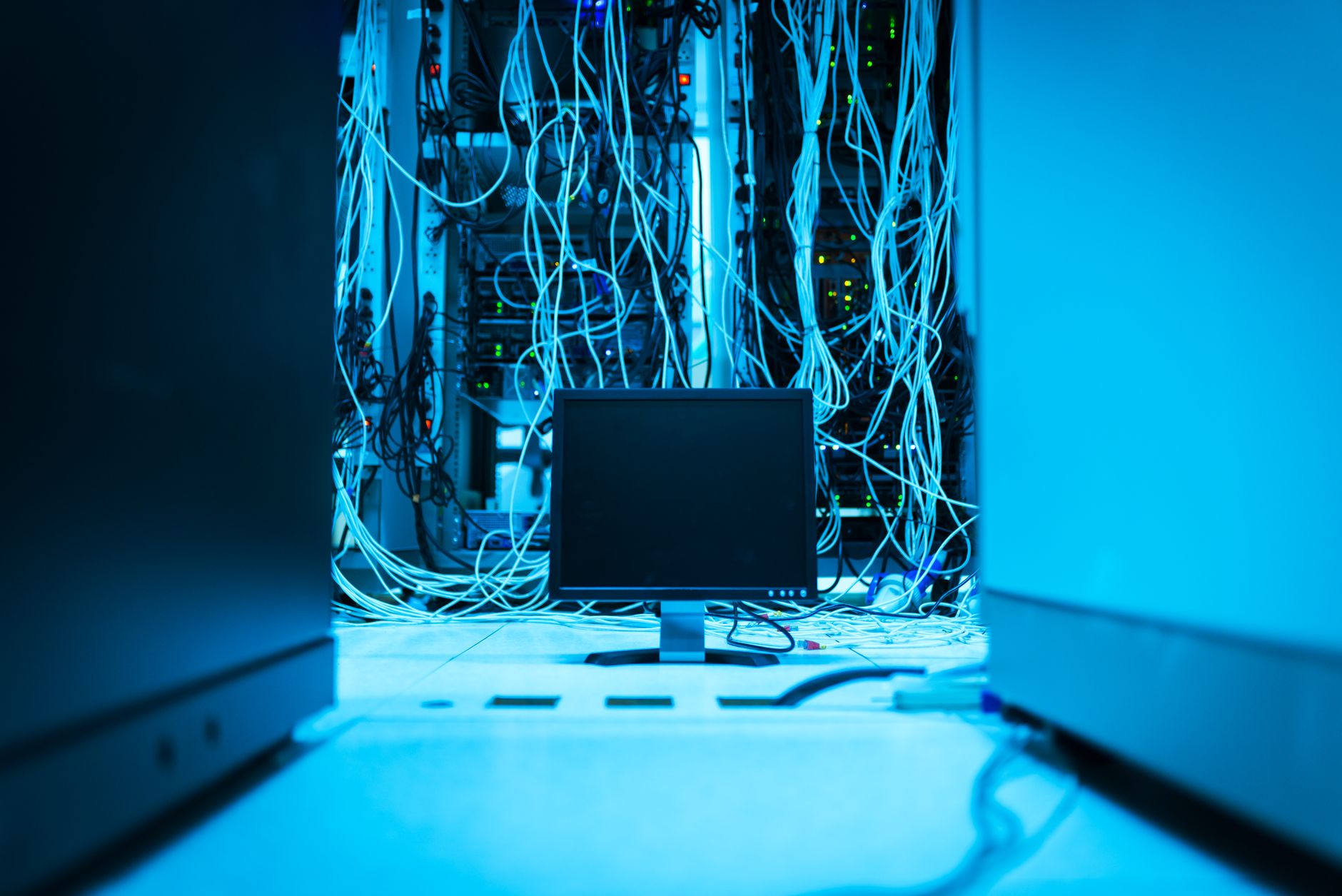 Interior of a data center with rows of servers connected to global network infrastructure