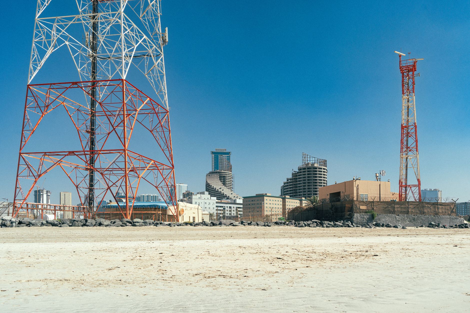 Communication tower and antenna equipment installed in a remote desert landscape