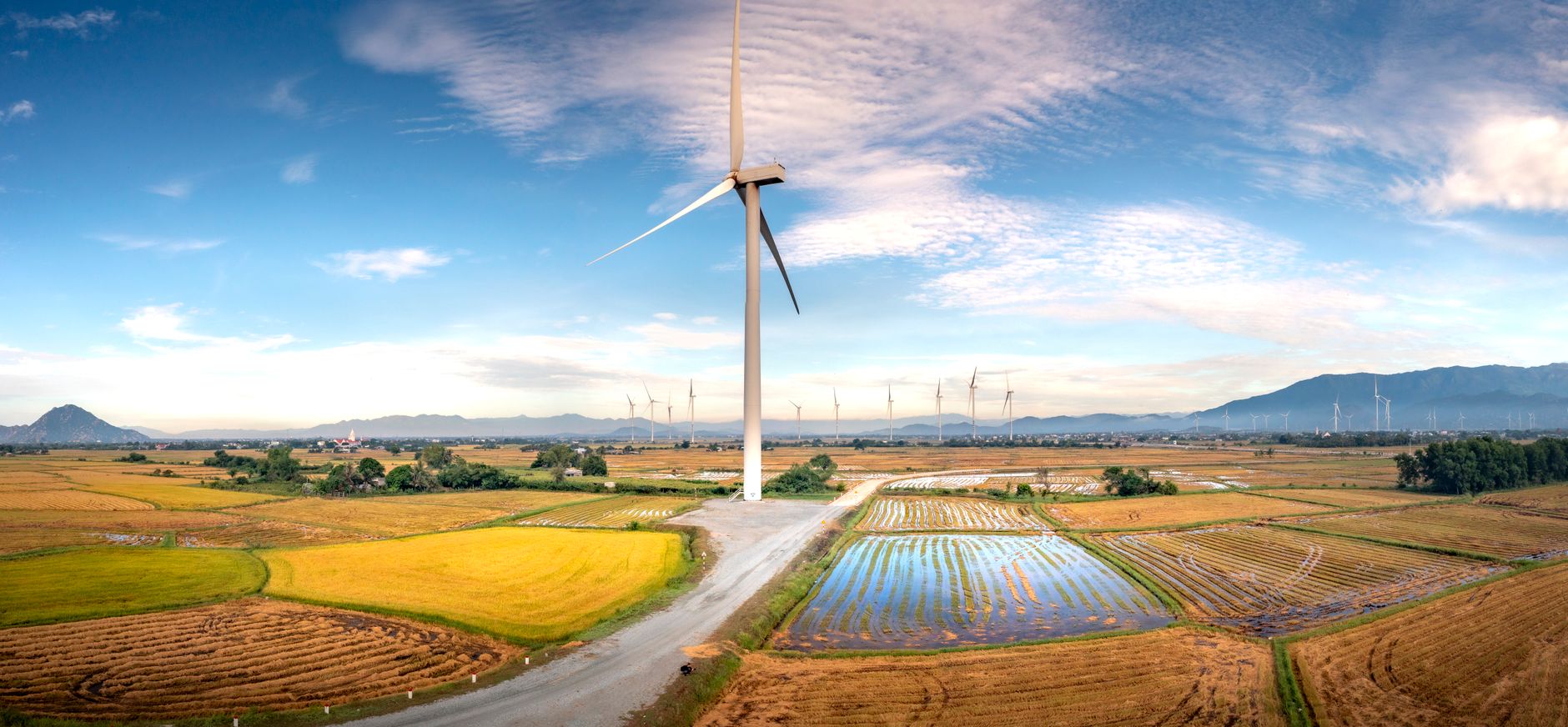 Wind turbines stretching across a flat Midwest landscape under open sky