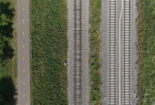 Aerial view of railroad tracks crossing through open countryside