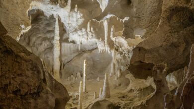 Interior view of a large underground industrial storage facility carved into rock